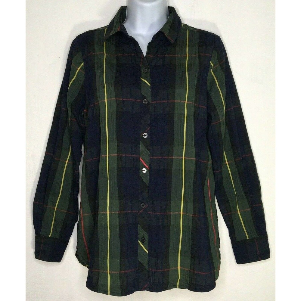 Foxcroft NYC Womens 10P Crinkle Stretch Shirt Top Button Front Green Blue Plaid